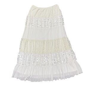 Vintage Indie White Jackie Jon Patterned Textured Tiered Skirt Elastic Waist